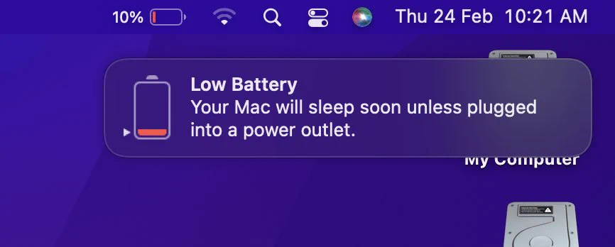 MacBook showing low battery charge