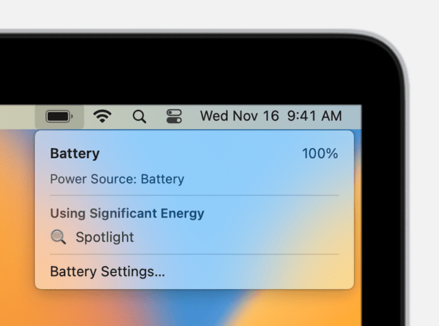 MacBook Battery settings showing Battery Health information